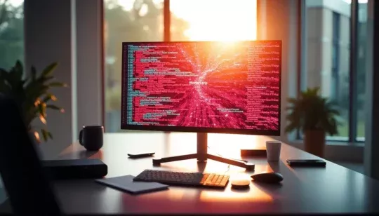 Escritorio moderno con un monitor que muestra código resaltado sobre un fondo rojo de error, teclado, ratón y taza junto a ventanas iluminadas por el sol, imagen que sugiere la necesidad de Solucionar un parse error en WordPress.